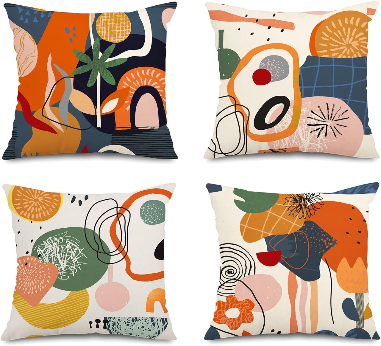 Abstract Mid Century Modern Throw Pillow Covers 18x18 Colorful Boho Orange Aesthetic Floral Geometric Pillow Covers for Couch Outdoor Decor Set of 4